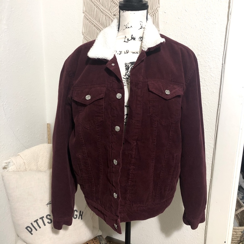 WHITESPACE Shaun White Burgundy Corduroy Jacket with White Sherpa Collar